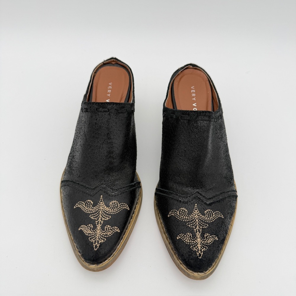 Very Volatile Western Mule Clogs Black Leather Embroidered Toe Womens 6.5